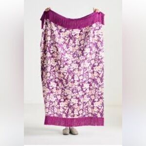 Anthropologie Purple Floral Throw Blanket With Fringe